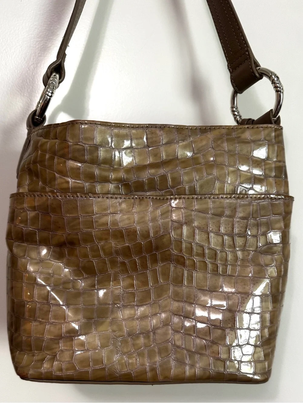 Brighton Cherie Croc Embossed Patent Leather Shoulder Bag Taupe